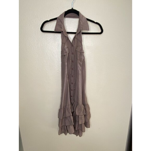 Mine Womens Halter Collared Ruffle Tiered Button-Down Dress Medium Brown Blend - Picture 2 of 8